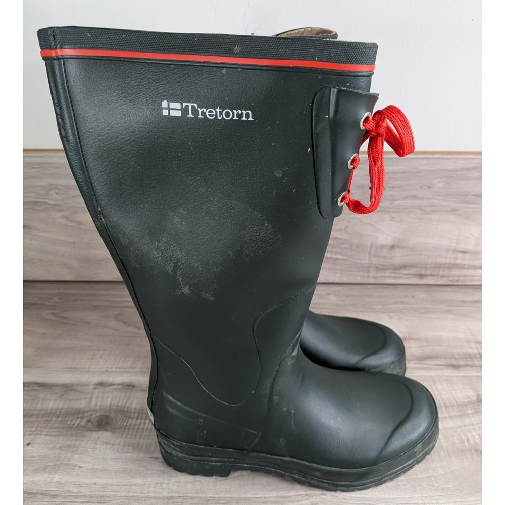 Tretorn Rain Rubber Boots Tall Calf Green Red Laces Women Size 8 ( 39 )